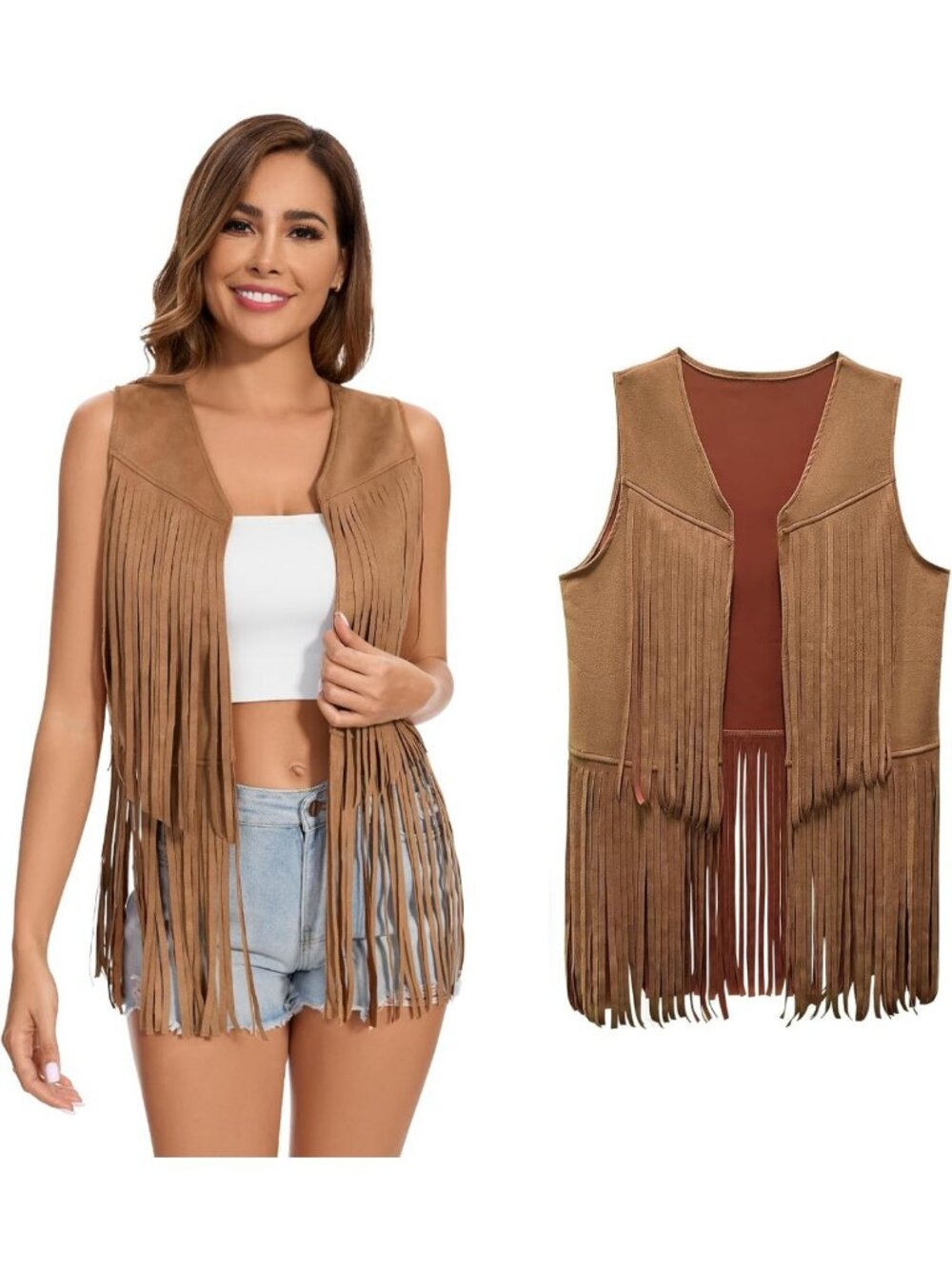 Chic Women's Fringe Vest - 60s 70s Hippie Sleeveless Cowgirl Faux Suede Jacket